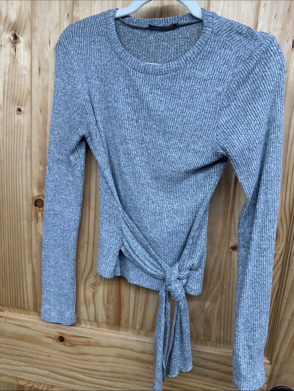 Zara Light Gray Ribbed Tie-Waist Long Sleeve Top